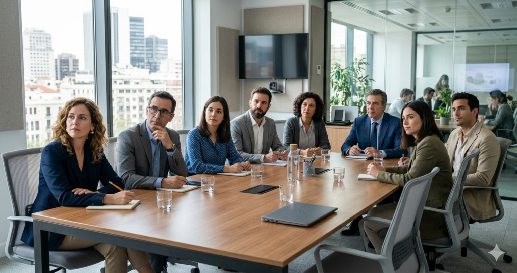 Grupo de trabajadores en reunión informativa sobre derechos ERTE