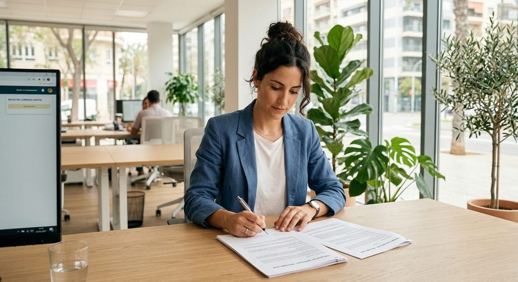 Trabajadora firmando la baja voluntaria en su empresa y solicitando el finiquito