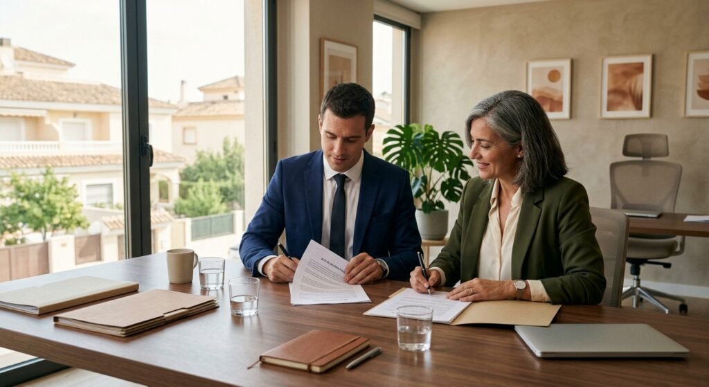 Trabajador y mediador laboral en una reunión de conciliación SMAC firmando un acta de acuerdo